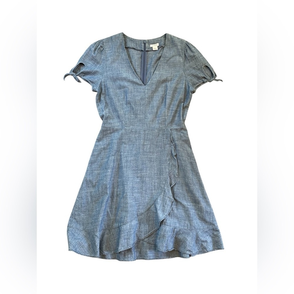 J.crew Chambray Ruffle V-Neck Faux Wrap Dress Size 4 - Picture 3 of 9